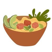 fideos ramen con huevo, carne, pescado, gambas y algas. comida asiática. perfecto para la cafetería del restaurante y los menús impresos. dibujo a mano vectorial ilustración de dibujos animados. vector