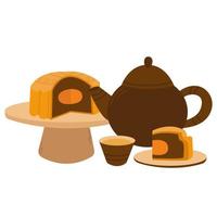 Mooncake. Moon cake for Mid-Autumn Festival.Chinese traditional festival moon cake.Tea and teapot vector