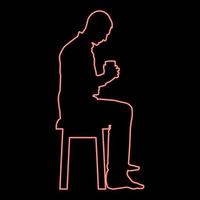 Neon man holding mug and looking at the contents inside while sitting on stool Concept of calm and home comfort red color vector illustration image flat style