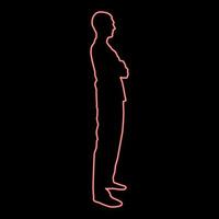 Neon man standing with hands crossed Dentist surgeon in medical clothes with folded hands on his chest Concept of the end of surgery operation Side view red color vector illustration image flat style