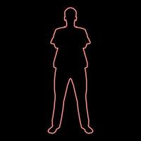 Neon man standing with hands crossed Dentist surgeon in medical clothes with folded hands on his chest Concept of the end of surgery operation Front view red color vector illustration image flat style