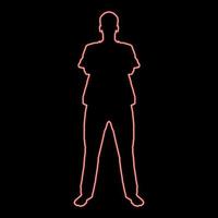 Neon man standing with hands crossed Dentist surgeon in medical clothes with folded hands on his chest Concept of the end of surgery operation Front view red color vector illustration image flat style