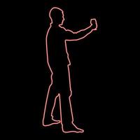 Neon man holds in long hand glass of wine about to make toast Holiday concept red color vector illustration image flat style