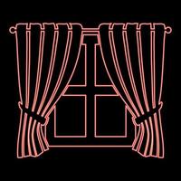 Neon curtains and window Interior concept Home window view decoration Waving curtains on window red color vector illustration image flat style