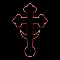 Neon cross trefoil shamrock on church cupola domical with half-moon Cross monogram Religious cross red color vector illustration image flat style