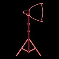 Neon spotlight on tripod Light projector Softbox on tripod Tripod light Equipment for professional photography Theater light red color vector illustration image flat style