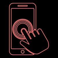 Neon click on touch screen smartphone Modern smartsphone with hand clicking on screen Finger click on mobile phone Action in apps cellphone Using telephone red color vector illustration image flat