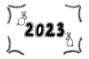 Horizontal banner 2023 with hares in the style of a doodle. vector illustration