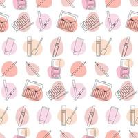 Seamless pattern with decorative cosmetics in the style of line art with colored spots. vector illustration