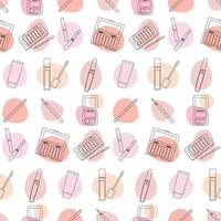 Seamless pattern with decorative cosmetics in the style of line art with colored spots. vector illustration