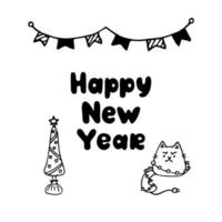 postal de feliz año nuevo con un árbol de navidad de gato y una guirnalda al estilo de un garabato. ilustración vectorial vector