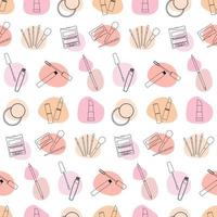 Seamless pattern with decorative cosmetics in the style of line art with colored spots. vector illustration