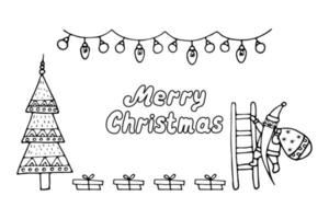 Horizontal Merry Christmas banner with Santa Claus and Christmas tree in doodle style. vector illustration