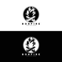 diseño de logotipo de fogata, vector de camping, fuego de madera y diseño forestal