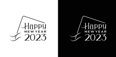 Happy New Year 2023 Logo. Abstract Hand drawn creative calligraphy vector logo design. 2023 New year black and white logo