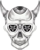 tatuaje surrealista del cráneo del diablo del arte. dibujo a mano y hacer vector gráfico.