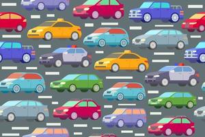 Traffic pattern with colorful cars. Automobiles on a street, seamless repeating traffic pattern. vector