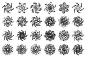 Spinning mandala design elements. Abstract spinning, rotating, twisted flowers collection. Floral monochrome design elements. vector