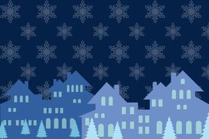 Christmas background with houses. trees. Night city with Christmas trees, houses on dark blue snowing background. vector