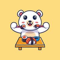 lindo oso polar comiendo sushi con palillos ilustración de icono de dibujos animados vector