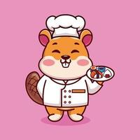 vector ardilla chef mascota logo dibujos animados lindo creativo kawaii. linda ilustración animal llevando comida de sushi