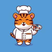 vector tigre chef mascota logo dibujos animados lindo creativo kawaii. linda ilustración animal llevando comida de sushi