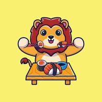 Cute lion eating sushi with chopsticks cartoon icon illustration vector