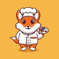 Vector fox chef mascot logo cartoon cute creative kawaii. Cute animal illustration carrying sushi food