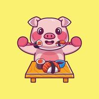 Cute pig eating sushi with chopsticks cartoon icon illustration vector