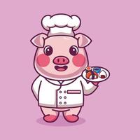 vector cerdo chef mascota logo dibujos animados lindo creativo kawaii. linda ilustración animal llevando comida de sushi