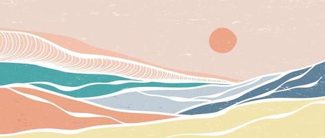paisaje de olas del océano. impresión de arte moderno minimalista creativo. fondos estéticos contemporáneos abstractos paisajes. con ola oceánica, mar, colina, horizonte. ilustraciones vectoriales vector