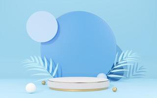 3D white cylinder podium mock up with palm leaf, gold border, circle on blue copy space background. Empty pedestal mockup space for display product. Abstract minimal studio geometric object. 3d render photo