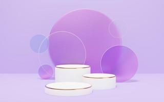 3 white marble cylinder podium with gold border on glass arch circle purple background. Empty pedestal mockup space for display product design. Abstract minimal studio geometric object. 3d rendering. photo