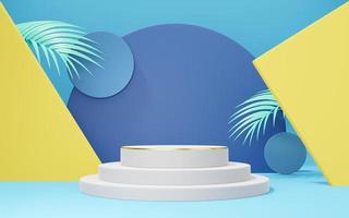 3D white cylinder podium mockup with palm leaf, gold border, circle, yellow wall on blue copy space background. Empty pedestal mockup space for display. Abstract minimal studio geometric. 3d rendering photo