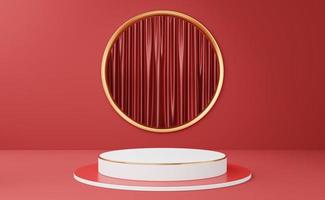 3D white cylinder podium with copper border on gold circle, red arch glossy curtain background. Empty pedestal mockup space for display product. Abstract minimal studio geometric object. 3d rendering. photo