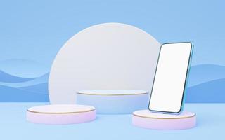Mobile phone on violet cylinder podium with gold border on blue wave background. Smartphone with blank white screen. Pedestal pastel mockup space for display of product. Paper cut style. 3d rendering. photo
