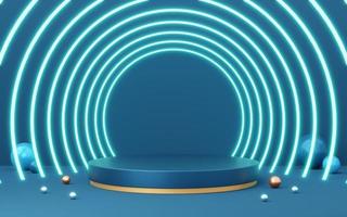 3D blue cylinder pedestal with gold border, ball, neon lighting on copy space background. Empty modern podium mockup. Abstract technology dark minimal geometric object. 3d render illustration. photo