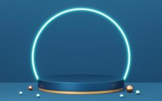 3D blue cylinder pedestal with gold border, ball, neon lighting on copy space background. Empty modern podium mockup. Abstract technology dark minimal geometric object. 3d render illustration. photo