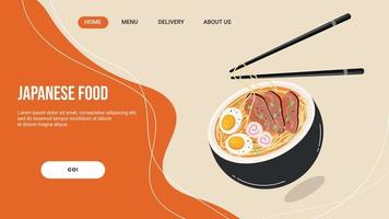 Start page web site for Asian restaurant, Japanese cuisine with ramen soup. Template Landing Page. Vector