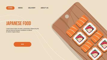 Asian food restaurant landing page with an illustration of rolls on a wooden board. Vector