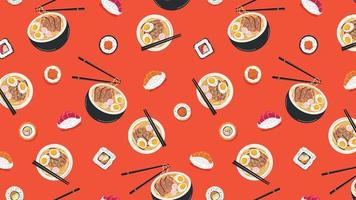 Seamless pattern banner with Asian food. Japanese food, rolls, sushi, ramen on red background. Vector