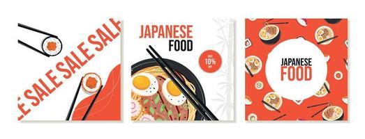 Square social media templates for Japanese restaurants. Asian food, rolls, ramen. Vector