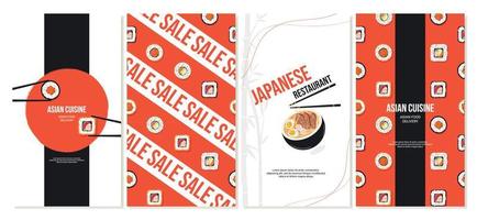 Templates for social networks, story, advertising with Japanese food, rolls, sushi and ramen soup. Vector illustration.