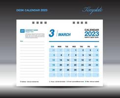 diseño de calendario de escritorio 2023, plantilla de marzo de 2023, plantilla de calendario 2023, planificador, sencillo, diseño de calendario de pared, la semana comienza el domingo, impresión, anuncio, fondo azul, vector