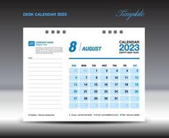 diseño de calendario de escritorio 2023, plantilla de agosto de 2023, plantilla de calendario 2023, planificador, sencillo, diseño de calendario de pared, la semana comienza el domingo, impresión, anuncio, fondo azul, vector