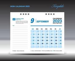 diseño de calendario de escritorio 2023, plantilla de septiembre de 2023, plantilla de calendario 2023, planificador, simple, diseño de calendario de pared, la semana comienza el domingo, impresión, anuncio, fondo azul, vector