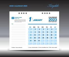 diseño de calendario de escritorio 2023, plantilla de enero de 2023, plantilla de calendario 2023, planificador, sencillo, diseño de calendario de pared, la semana comienza el domingo, impresión, anuncio, fondo azul, vector