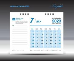 diseño de calendario de escritorio 2023, plantilla de julio de 2023, plantilla de calendario 2023, planificador, sencillo, diseño de calendario de pared, la semana comienza el domingo, impresión, publicidad, fondo azul, vector