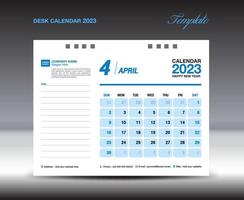 diseño de calendario de escritorio 2023, plantilla de abril de 2023, plantilla de calendario 2023, planificador, sencillo, diseño de calendario de pared, la semana comienza el domingo, impresión, anuncio, fondo azul, vector