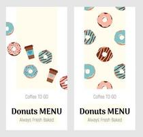 Drawn cute donuts and cups of coffee on a delicious milky background. Perfect for a cafe and pastry shop, bakery shop. vector